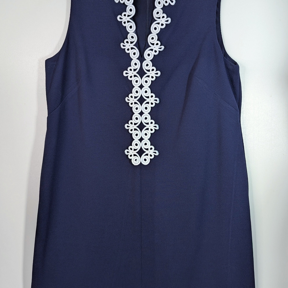 Classic Blue Shift Dress with Swirl Embroidered Trim Size 16W Lined